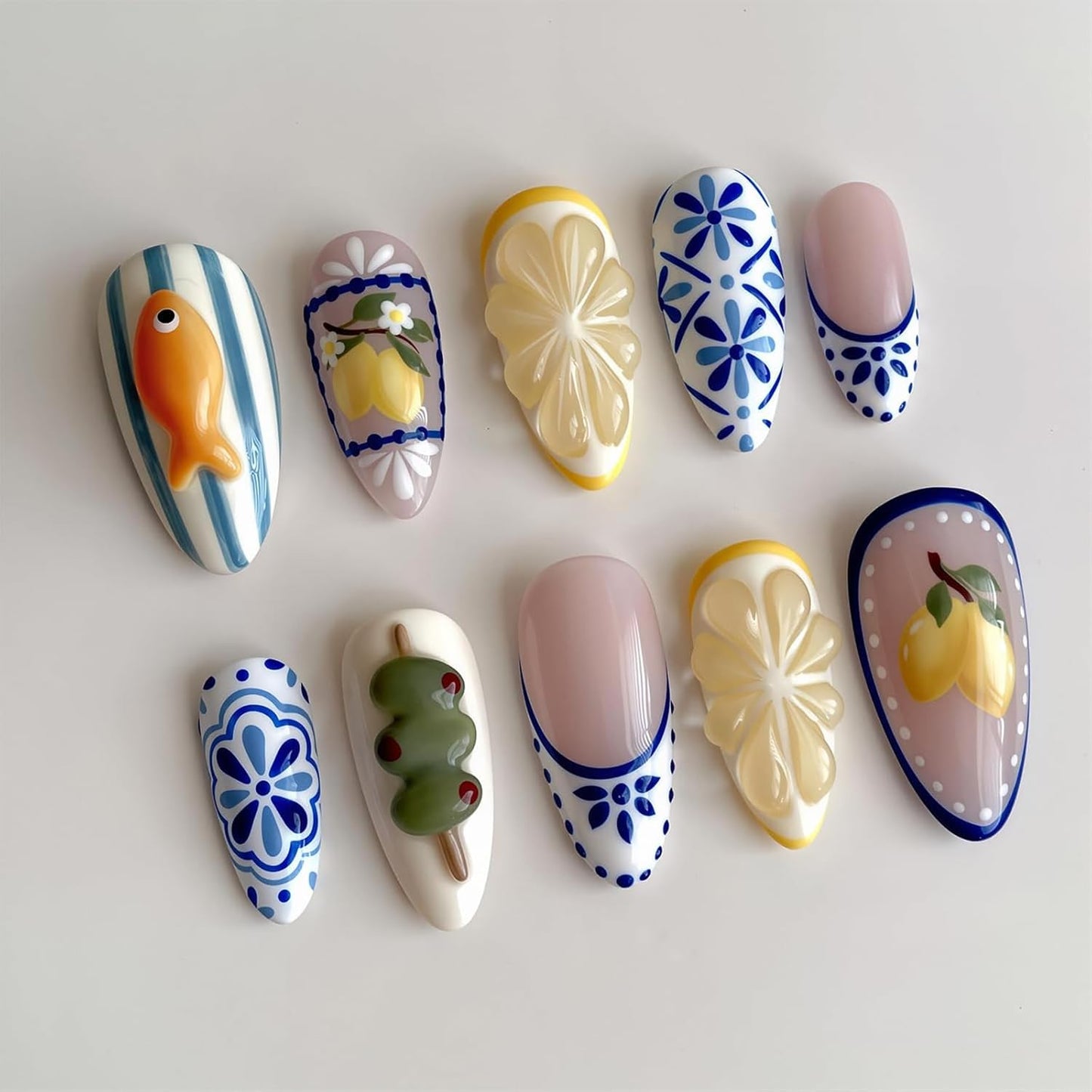 3D Blueberry Flower Press-On Nails - Medium Almond Shape with Pearl & Gold Beads | Reusable Glossy Blue French Tips for Summer Parties