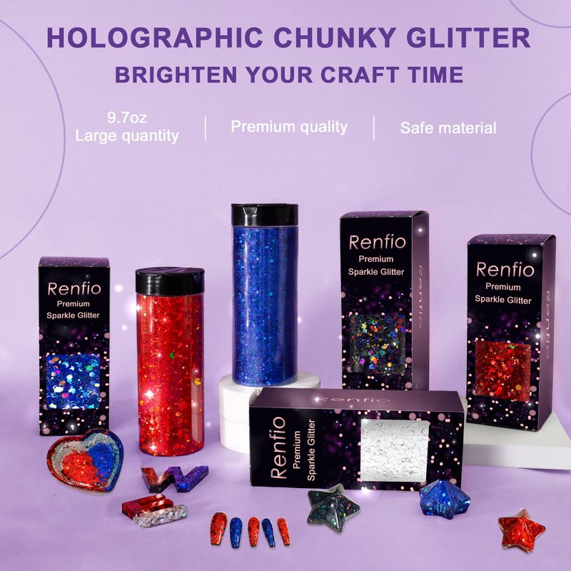 Renfio Holographic Glitter, 9.7oz/275g Laser Purple Chunky Glitter for Snowglobe Tumbler,Purple PET Flake Mixed Fine Powder for Snowglobe Tumbler,Craft,Epoxy Resin,Festival Decor,Nail,Slime