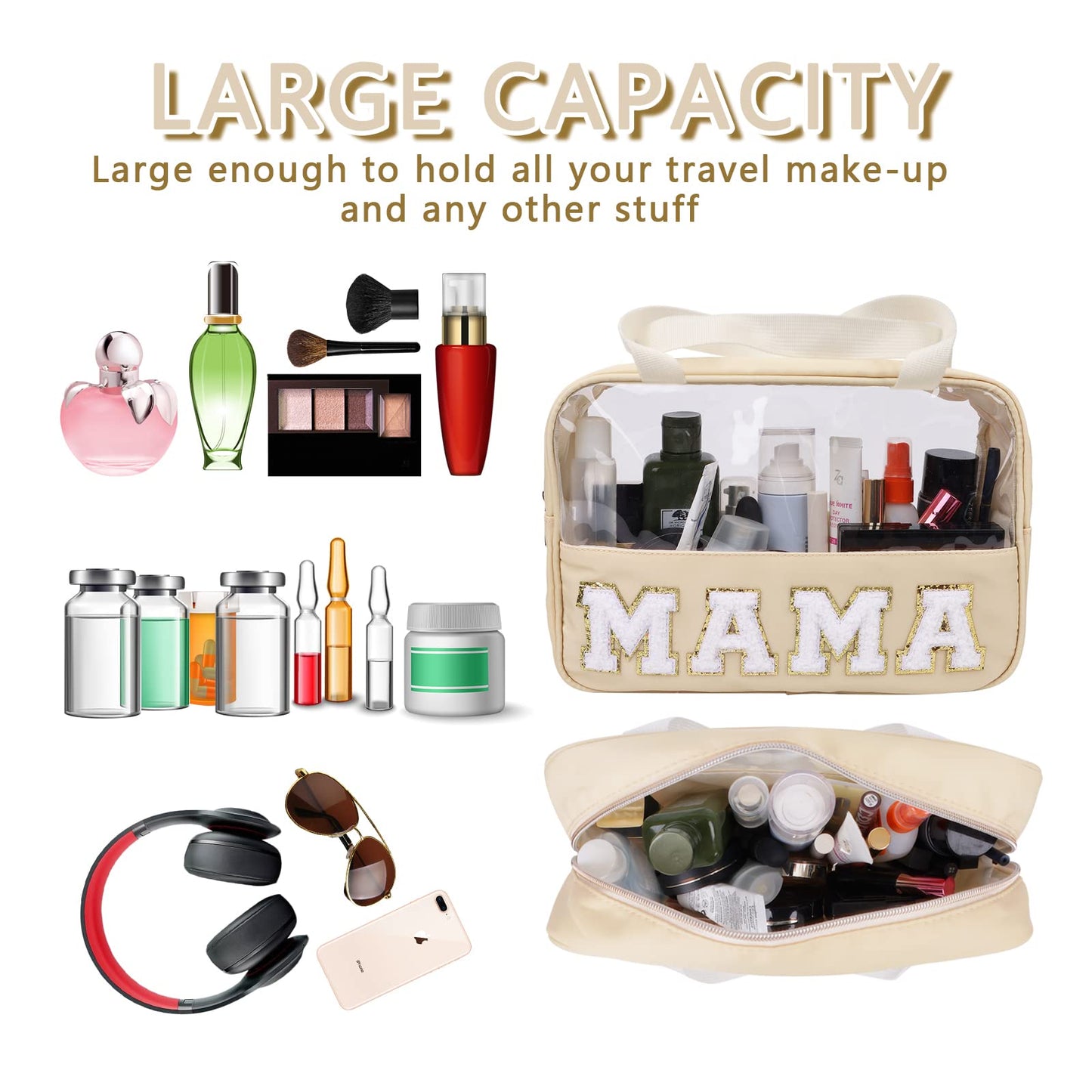 Iqimott Chenille Letter Patch Mama Bag, Preppy Clear Makeup Cosmetic Bag Large Toiletry Storage Tote Bag with Handle, Transparent Nylon Waterproof Organizer Zipper Pouch for Travel Women Girls(Beige)
