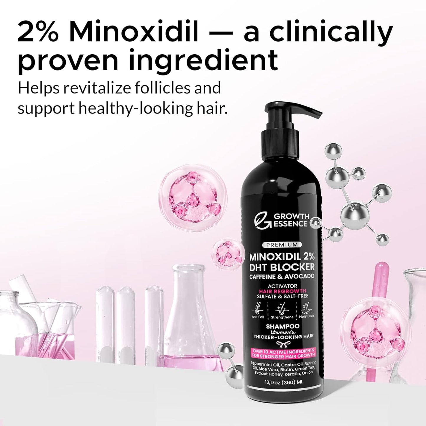 Minoxidil 2% Shampoo for Women | Hair Regrowth Formula with Biotin, Caffeine & DHT Blockers - Strengthening Keratin & Castor Oil | 2-Pack