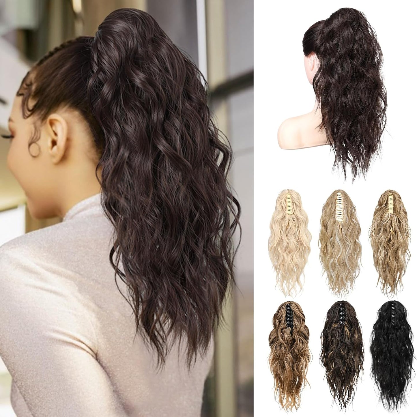 Ponytail Extension - 18" Wavy Claw Clip Hairpiece | Synthetic Curly Ponytail - Black Brown
