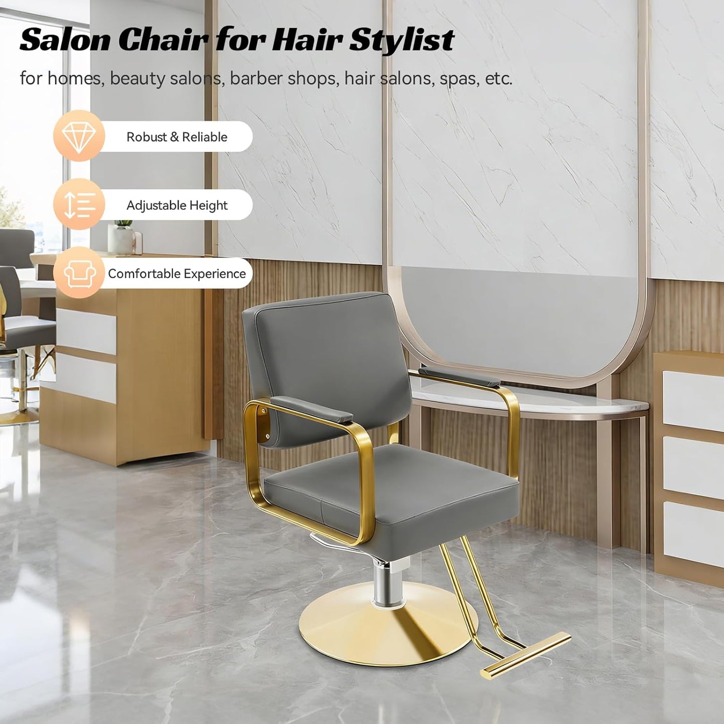 Salon Barber Chair - Hydraulic Pump & 360° Swivel | Adjustable Height Beauty Chair in Grey & Gold
