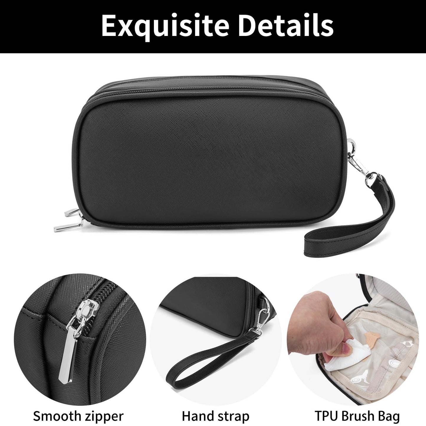 XIAOLER Makeup Bag for Women, Wide-open Makeup Organizer with Makeup Brush Holder, Waterproof Cosmetic Bag with Compartment, Portable Travel-Size Toiletry Bag for Traveling, Large Make Up Bag (Black)