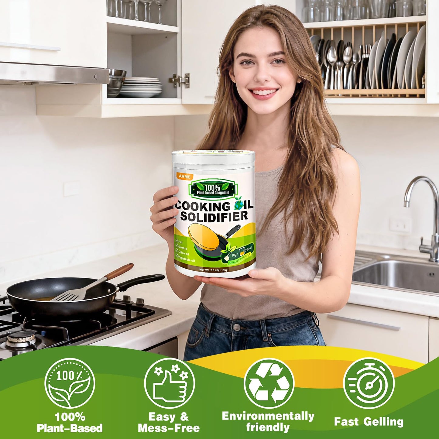 Arme Oil Solidifier, 40 Oz(2.5Lb) Cooking Oil Solidifier for Disposal(Disposal Up to 7.4 Gallons/113Cups), 100% Plant-Based Grease Solidifying Powder, Fat Hardener for Disposal Kitchen&Restaurant Use