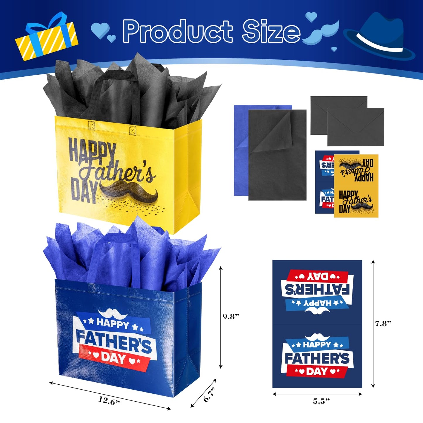 ysmile 2 Pack Fathers Day Gift Bag with Tissue Paper Medium Size, Reusable Non Woven Fathers Gifts Bag with Handle for Dad, Grandpa