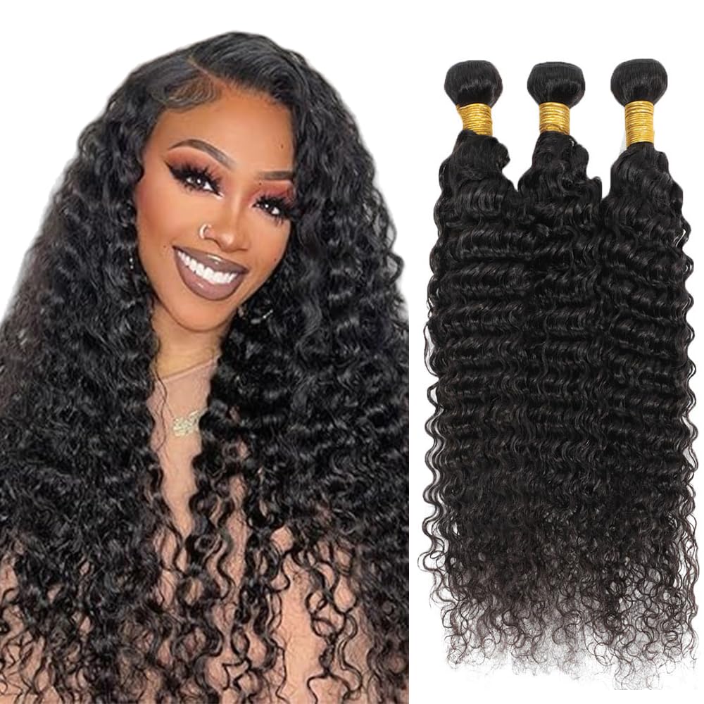 20 22 24 Inch Deep Wave Bundles Human Hair Bundle #1B Natural Black Deep Curly Bundle Unprocessed Brazilian Virgin Weave Hair 3 Bundle 50 Gram Per Bundle