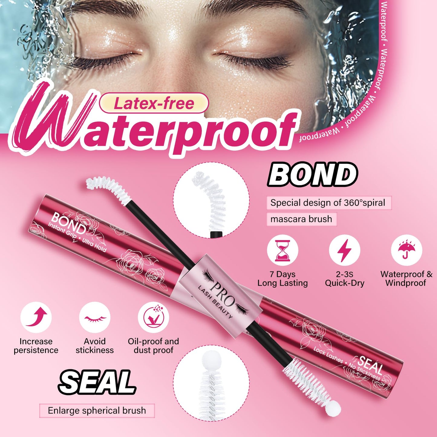PROLASHBEAUTY Lash Cluster Glue Lash Glue Remover Kit for Clusters Lash, Long Lasting Waterproof Eyelash Glue, Qucik Removal Eyelash Remover (Clear Bond & Seal+Remover)