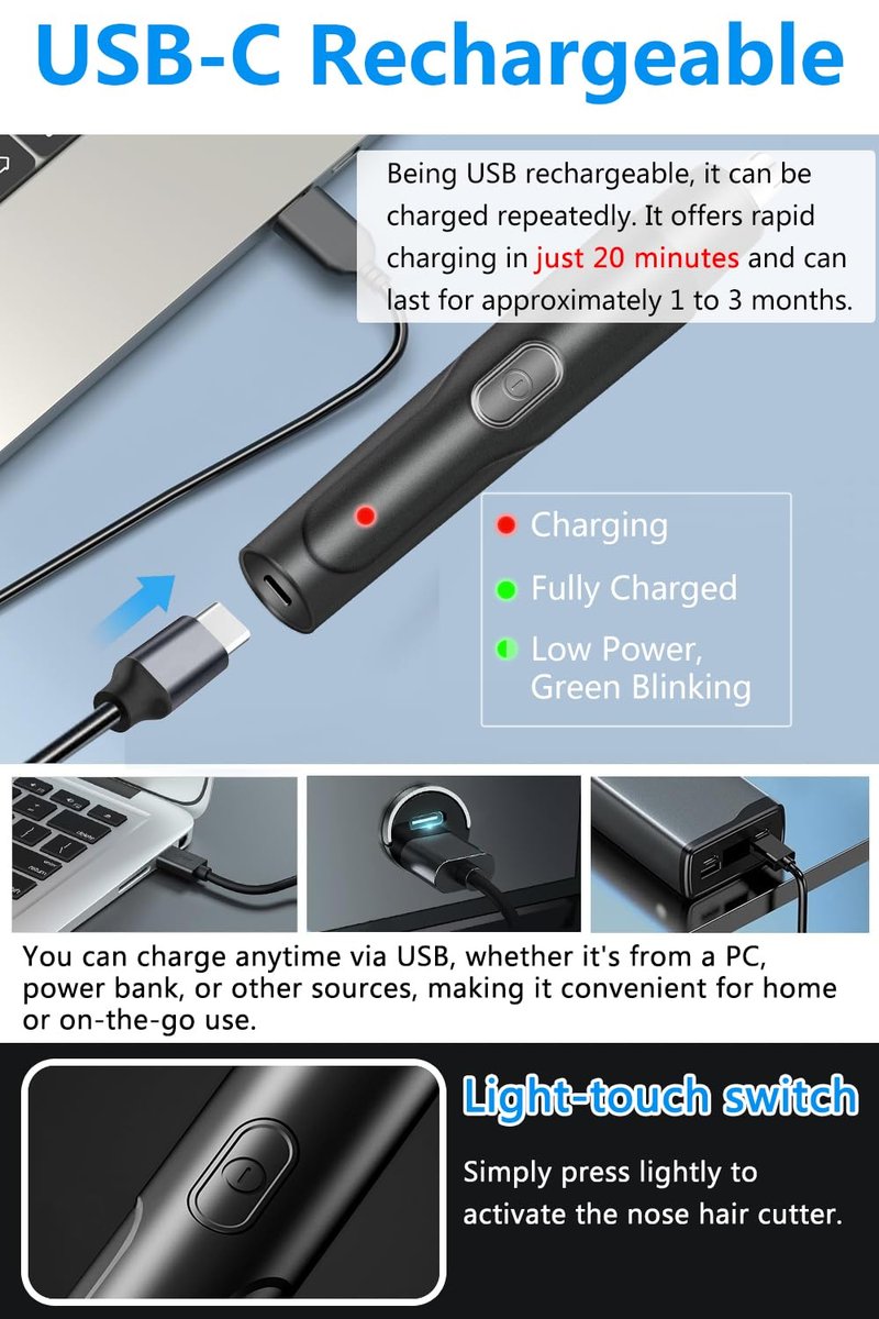 HILIYOT Nose Hair Trimmer, USB Rechargeable, Professional Painless Ear Hair Trimmer, for Men Women, Powerful Motor, Dual-Edge Blades for Smoother Cutting, Low Noise, Black
