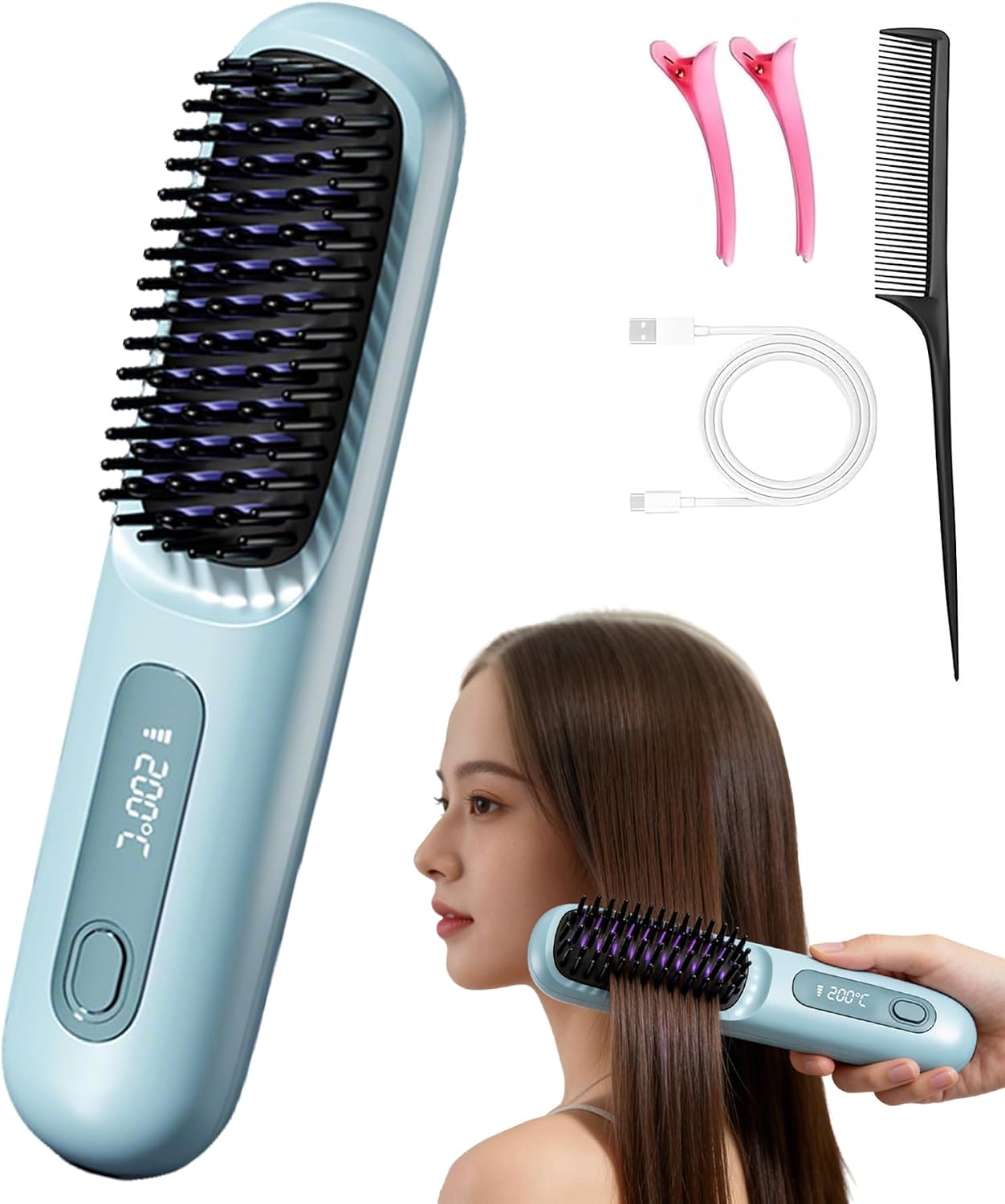 Go Brush Pro Mini Hair Straightener - Cordless Travel Brush with LCD Display | Fast Heating for Short Hair