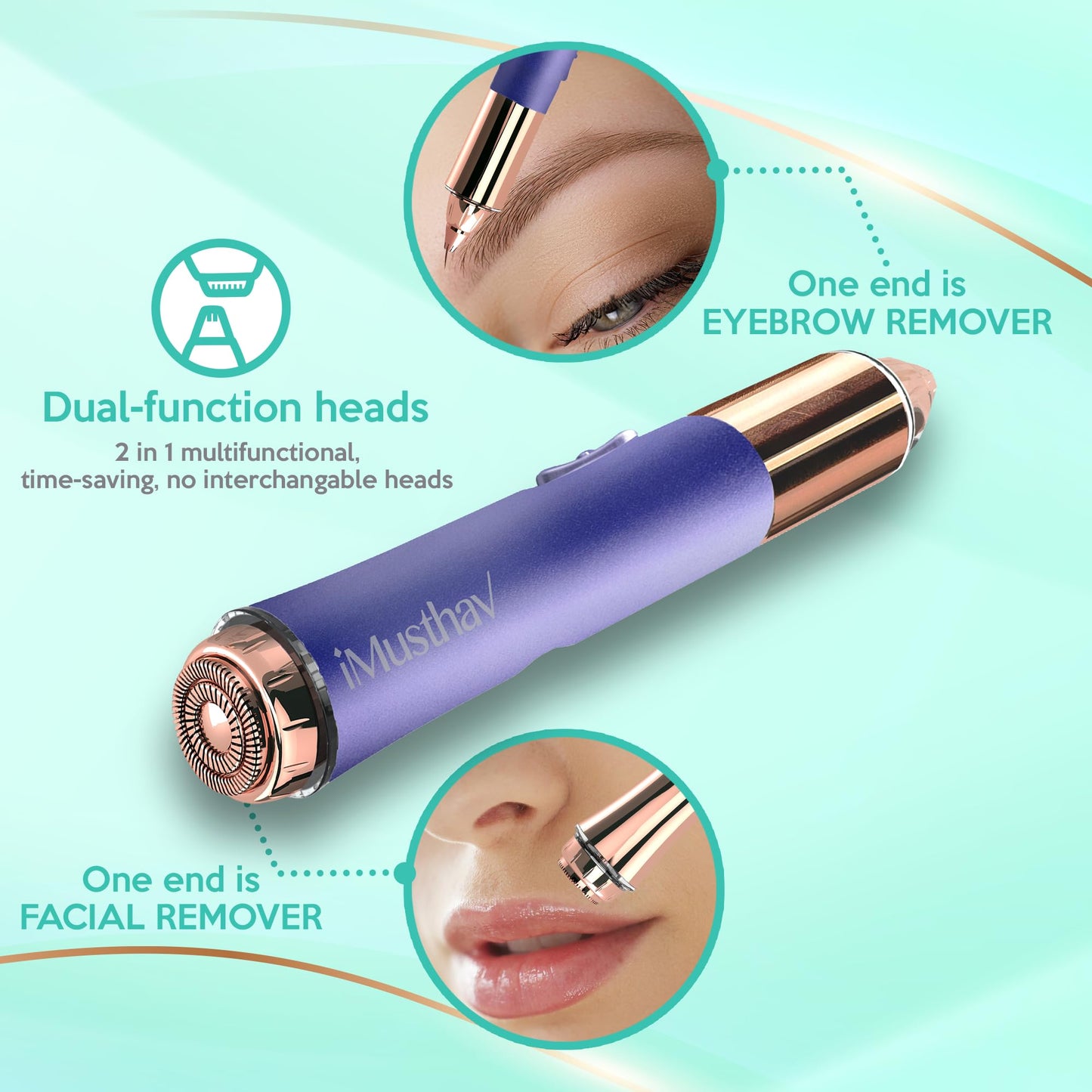 iMusthav Facial Hair Removal for Women, 2-in-1 Face Hair Remover & Eyebrow Trimmer, Painless Flawless Face Shaver with LED Light, Rechargeable Peach Fuzz Remover & Electric Eyebrow Razor for Women