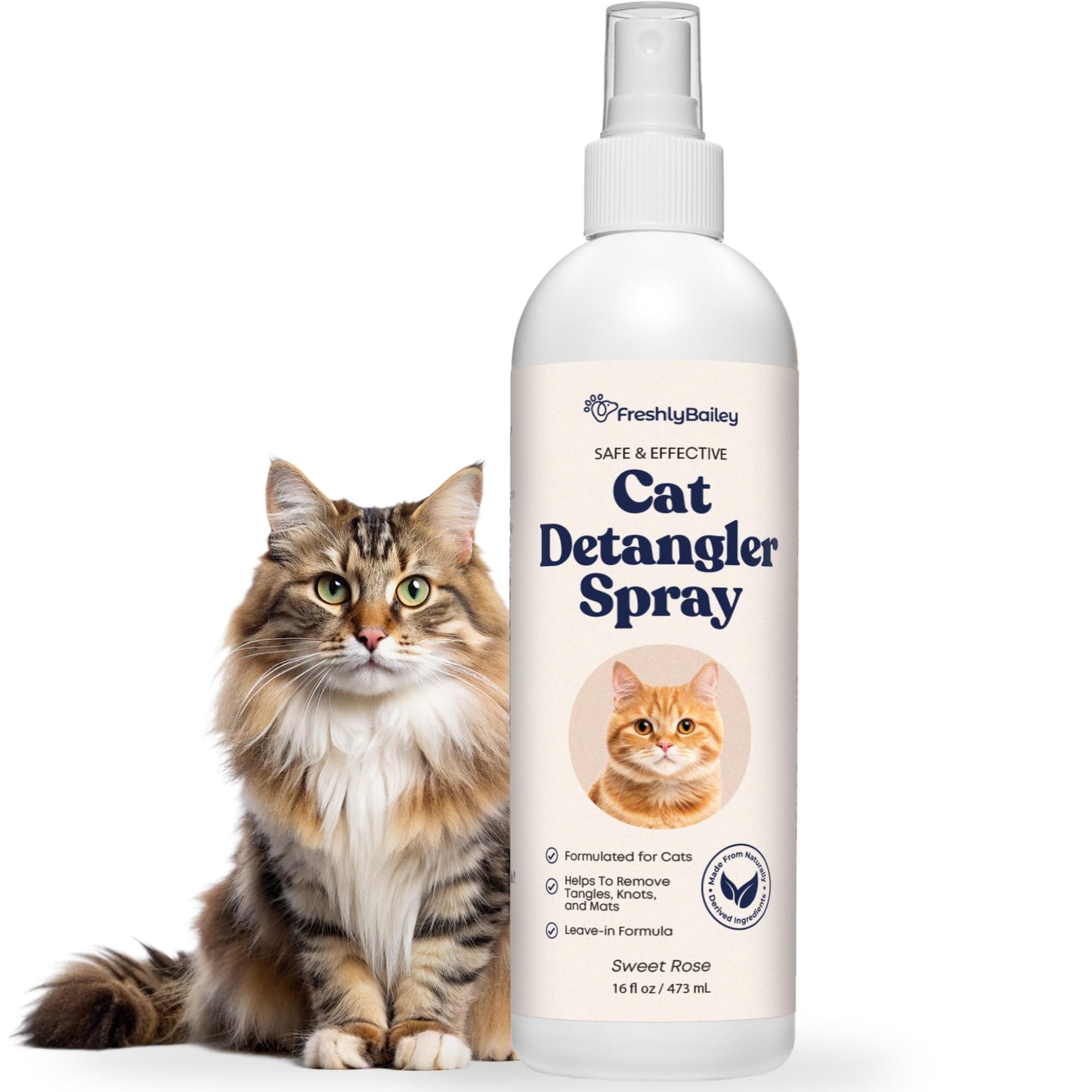 Freshly Bailey Cat Detangler Spray - Pet Detangling Spray for Cats - Natural Detangler & Leave in Conditioner Spray for Your Cat - Remove Tangles & Condition Pet's Coat 16 Fl Oz