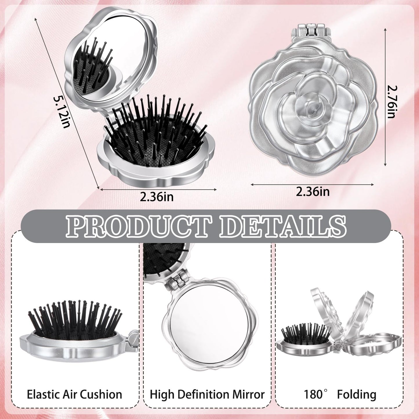 Sunnychicc 6 Pcs Rose Travel Brush for Women Mini Compact Purse Hair Brush with Mirror Wedding Bridal Bachelorette Favor Portable Pocket Mirror Folding Comb for Hairstyle Birthday Gift(Silver)