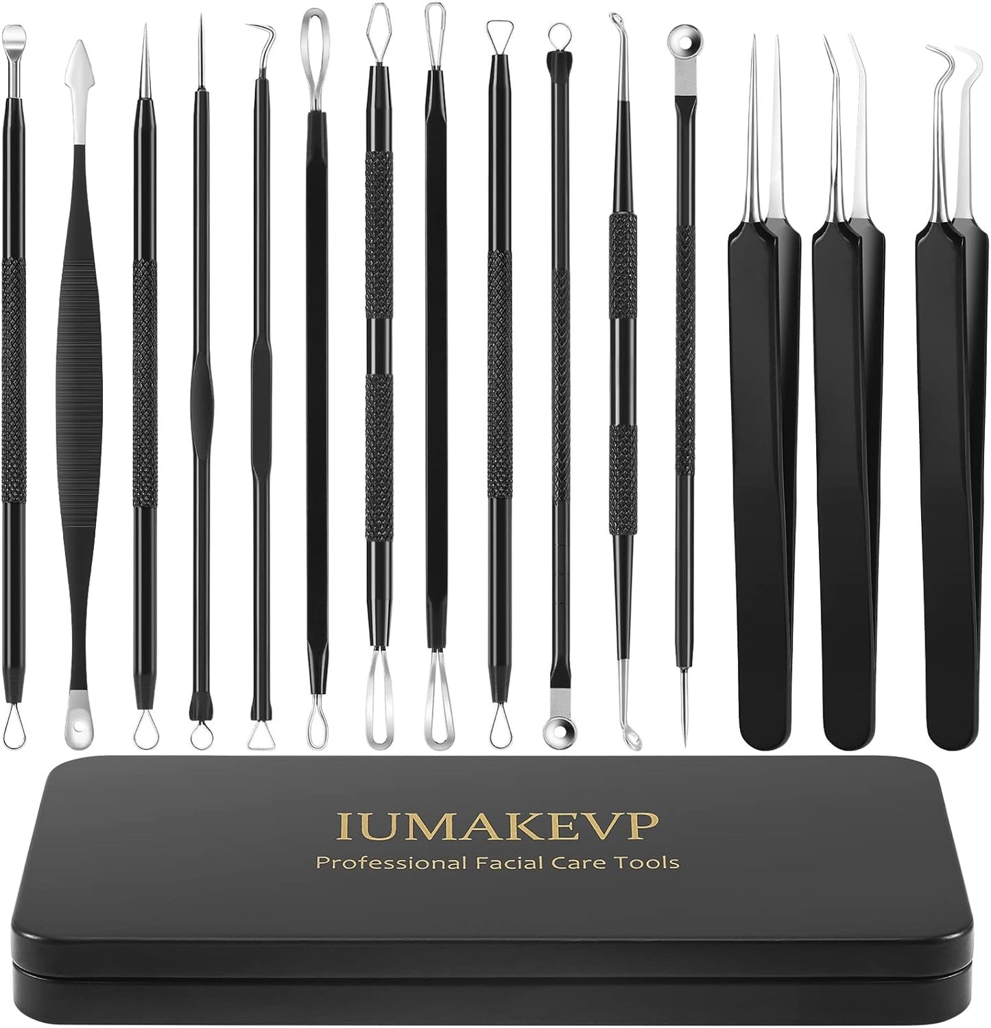 Pimple Popper Tool Kit - 15 PCS Professional Stainless Steel Blackhead Remover Set | Acne Extraction Tools with Metal Case (Black)