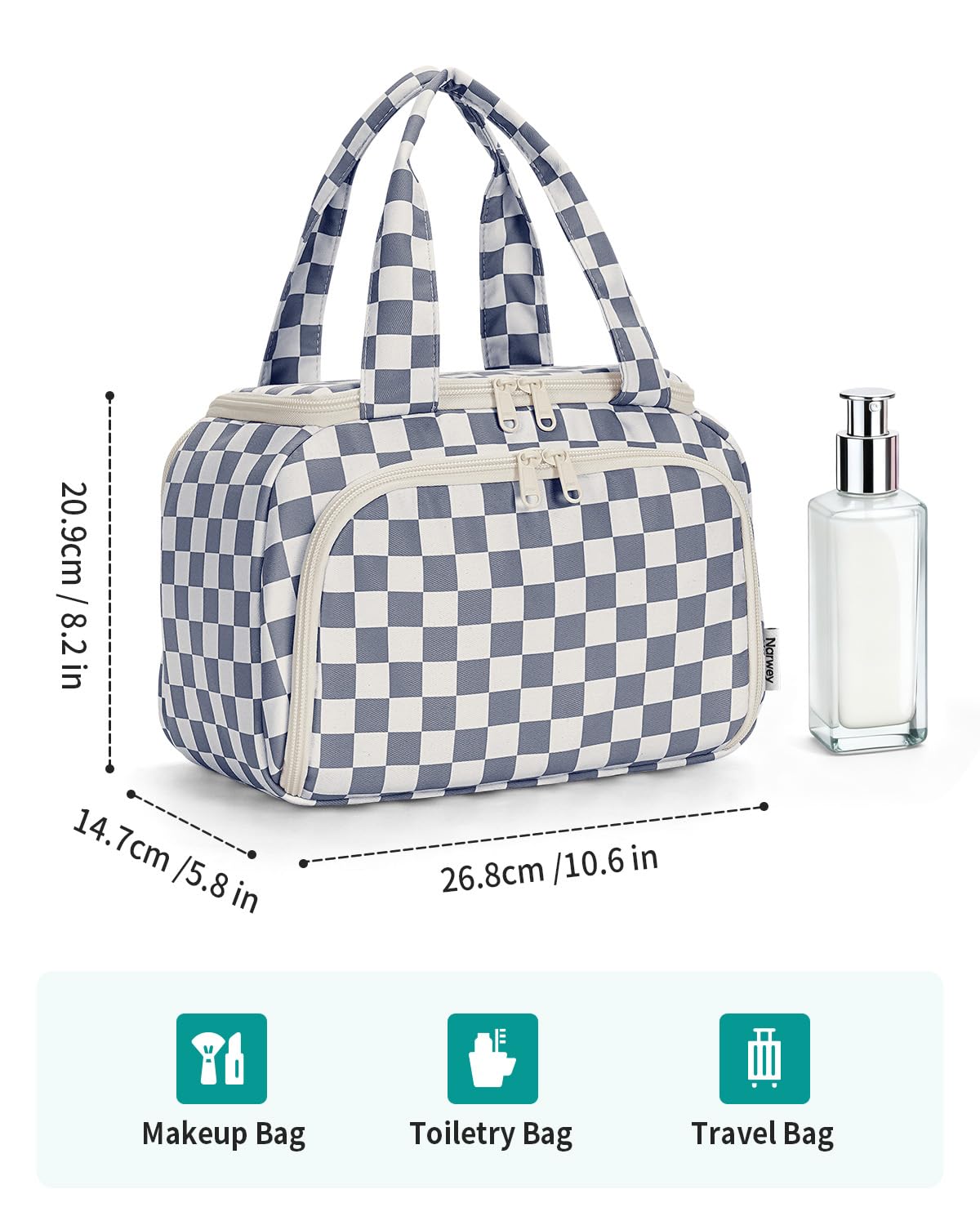 Narwey Checkered Travel Toiletry Bag for Women Large Makeup Bag, Wide-open Cosmetic Make Up Organizer with Handle, Travel Bag for Toiletries, Essentials, Accessories (Greyish Blue Checkerboard)