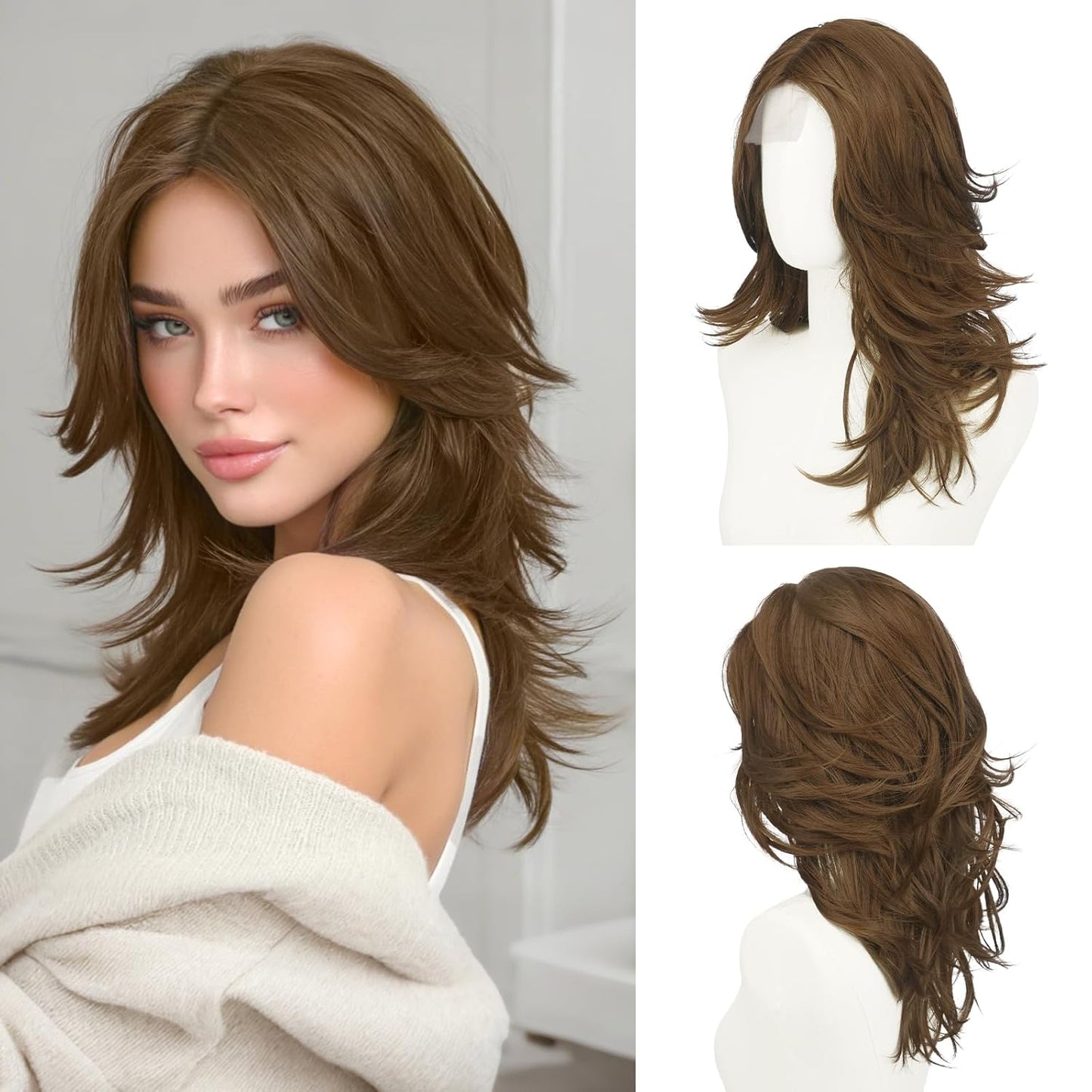 Brown Layered Wigs with Curtain Bangs - 20 Inch Long Wavy Synthetic Hair Wig for Women | Natural Looking Middle Part