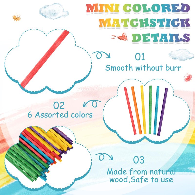 Geetery 1000 Pcs Colorful Craft Match Sticks 2 x 0.1 Inch Wooden Matchsticks DIY Matching Craft Match Sticks for Children Adult Crafting Art Making Kids Projects, 6 Colors
