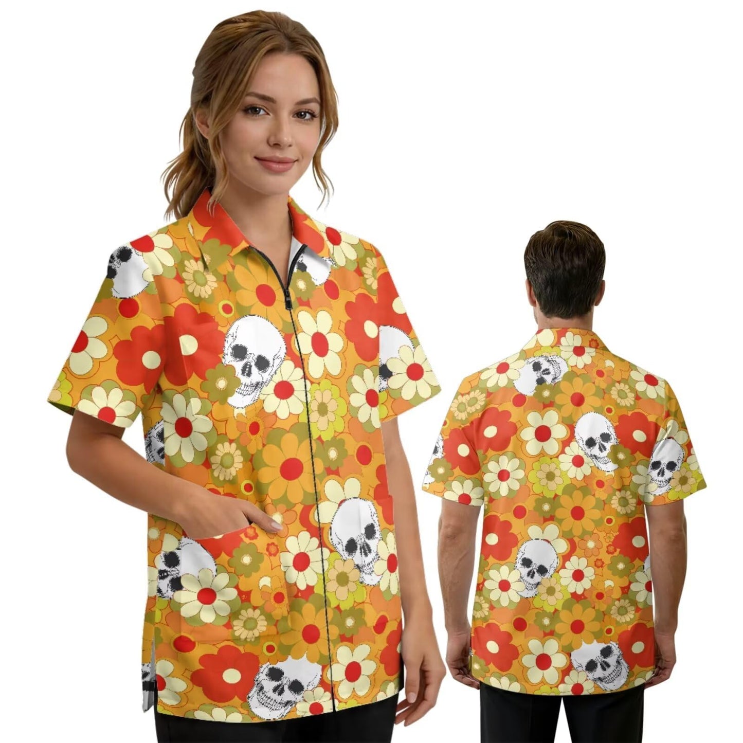 Srengjodk Hippie Skull Print Waterproof Hairstylist Capes for Women Anti-Static Hair Stylist Cape 3 Pockets Hairdresser Work Wear, Salon Cosmetology Shirt L