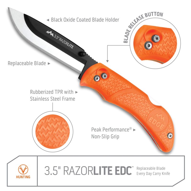 OUTDOOR EDGE Razor-Lite Folding Hunting Knife – 3.5″ Replaceable Razor Blades, Non-Slip Rubber Handle, Lock-Back Safety, Includes 6 Blades and Nylon Sheath