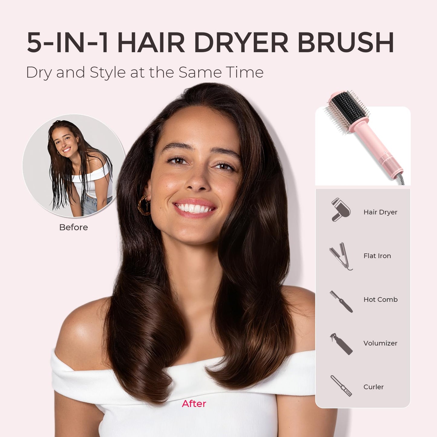 TYMO 4.0 Hair Blow Dryer Brush - Lightweight 3X Faster Drying 5-in-1 Ionic Blowout Hair Dryer Brush Adds Shine, Volume & Fullness for Smooth, Anti-Frizz Straight, Curl & Blowout Styles, Pink