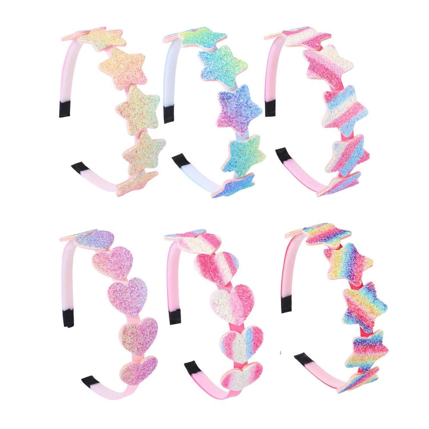 Girls Glitter Headbands - 6 Pack Bow, Heart & Star Shaped Hair Accessories for Toddlers & Teens