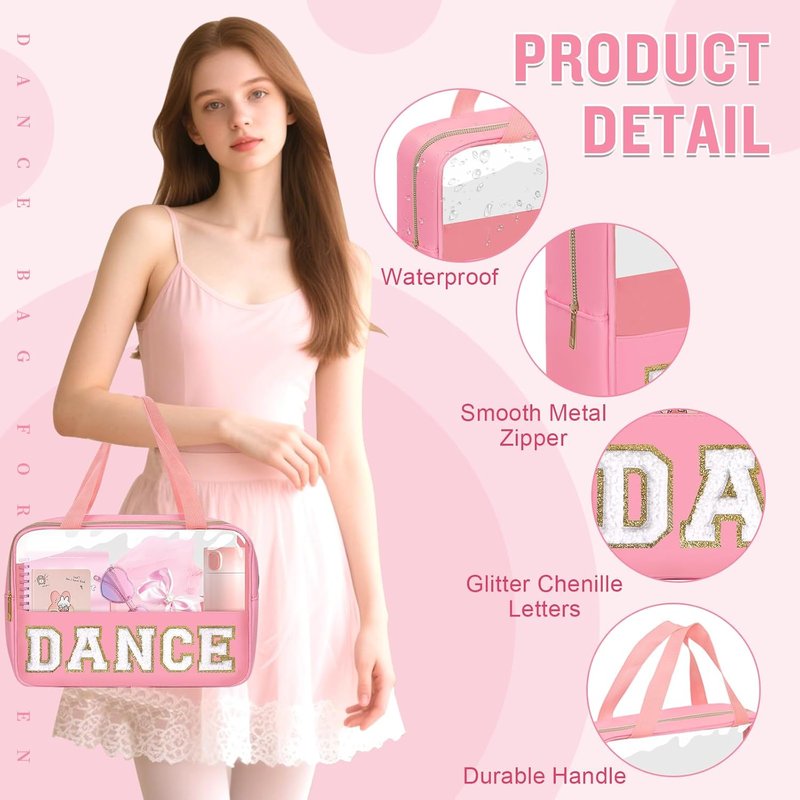 Dance Bag for Girls - Chenille Letter Clear Makeup & Shoe Storage | Toddler Ballet Accessory in Pink