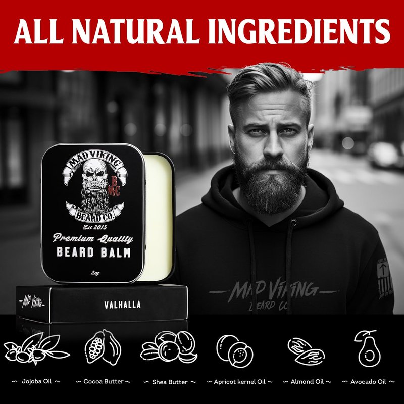 Mad Viking Valhalla Beard Balm – Non-Greasy Balm to Soften and Style with a Medium Hold - Made with Shea Butter, Beeswax & Premium Oils - Smooth Sandalwood & Vanilla Scent, Made in the USA - 2oz