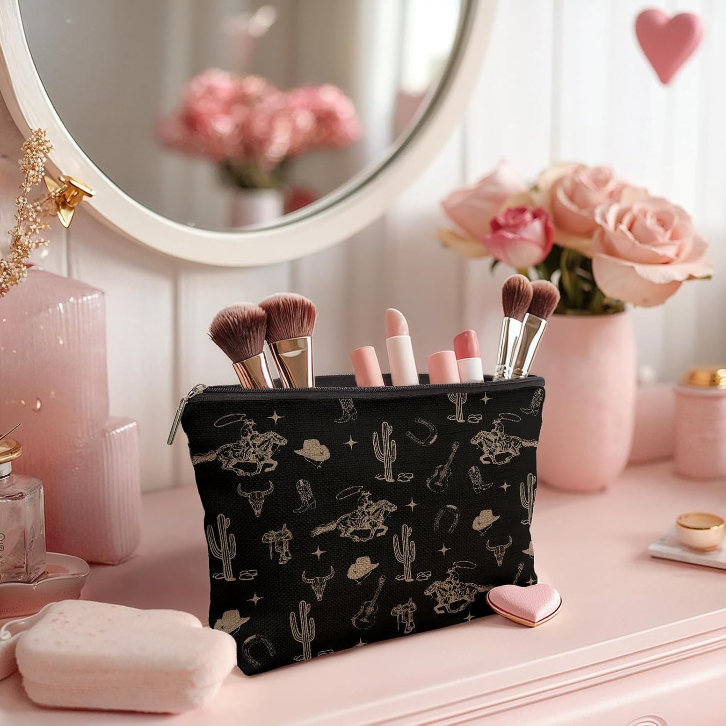 Boho Western Makeup Bag - Rustic Cow Skull & Cactus Design | Vintage Cosmetic Pouch for Women