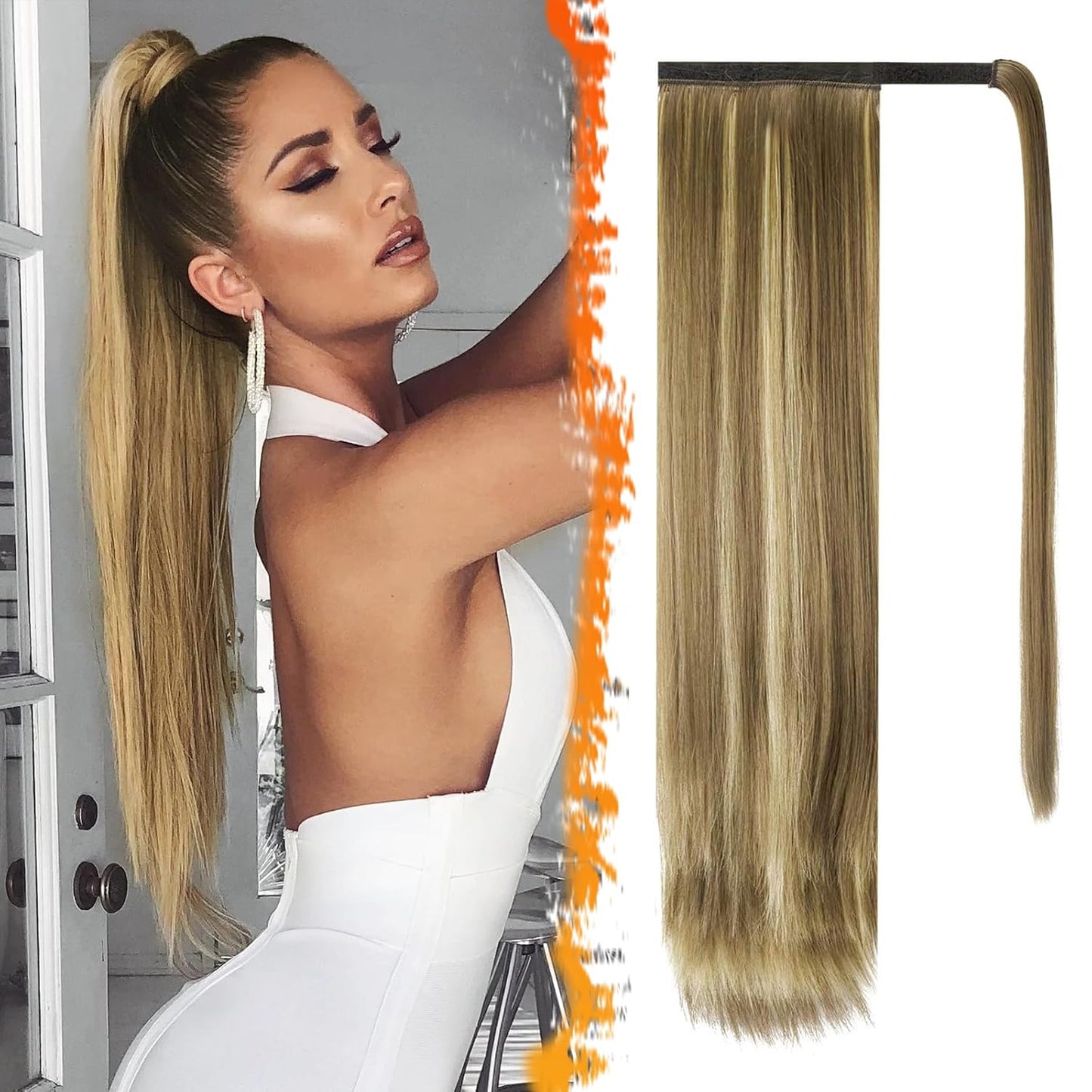 Dark Brown Straight Wrap Ponytail Extension - 24 Inch Clip-In Hairpiece for Black Women | Synthetic Hair