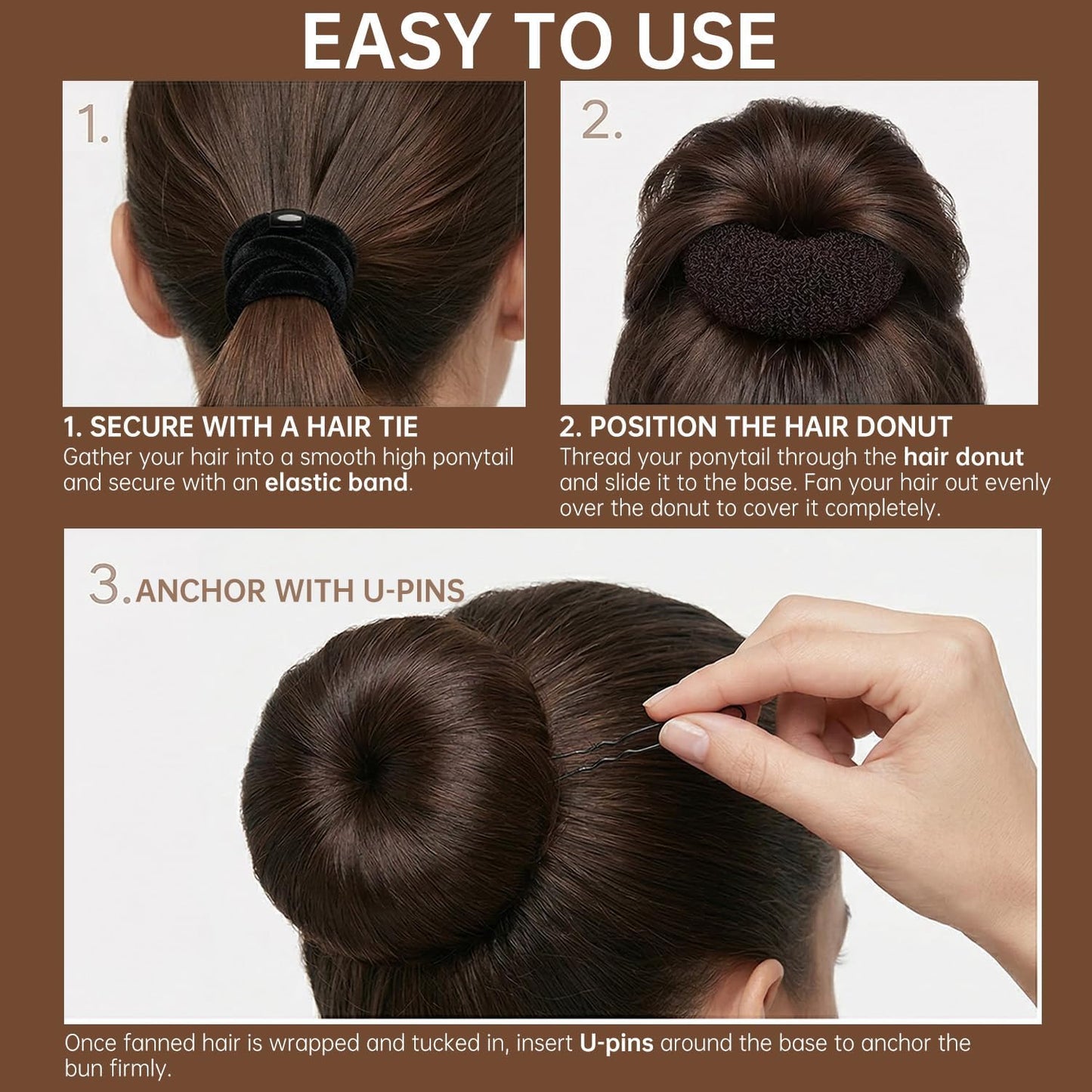 Hair Donut Bun Maker Set - 12 Pcs for Thin Fine Hair | 30-Second Chignon Ring with 10 Hair Ties, Nets & U Pins (Brown)
