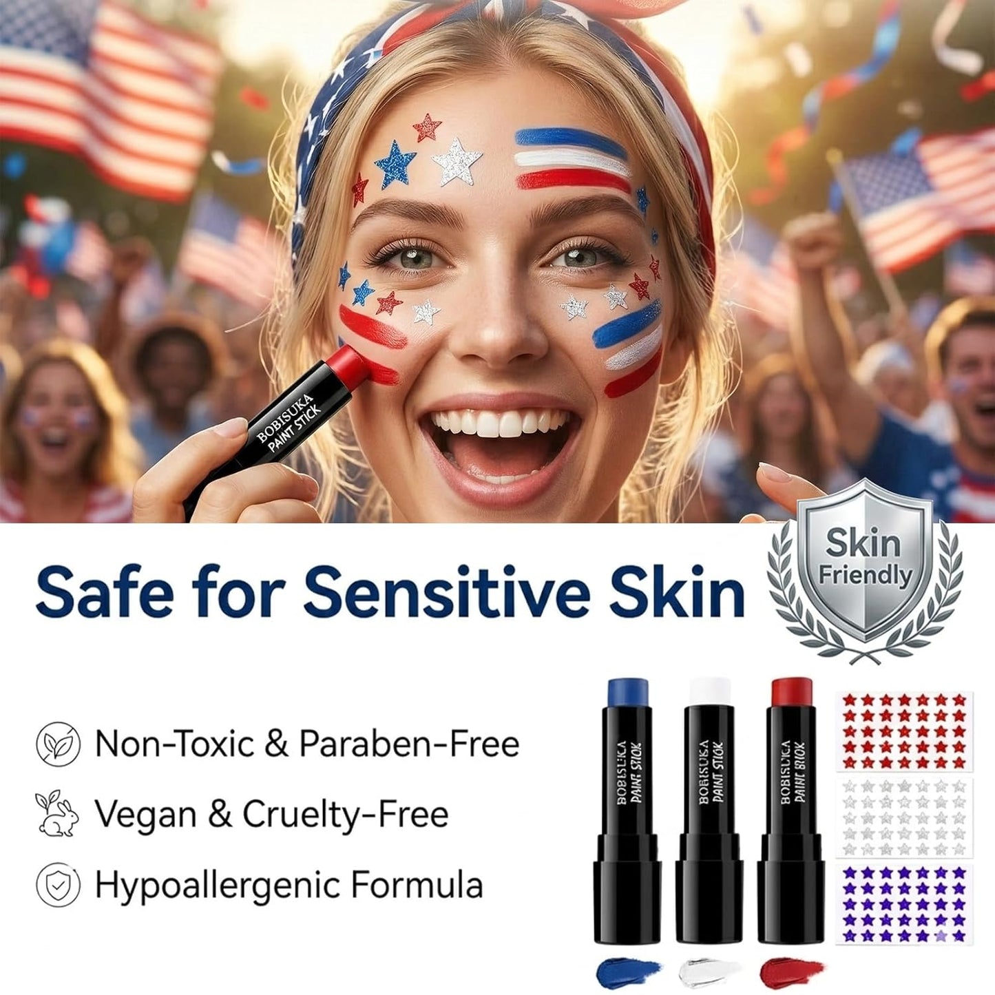 Face Paint Stick Set - Red, White & Blue Cream Makeup for Kids & Adults | 3 Glitter Star Stickers for 4th of July Events