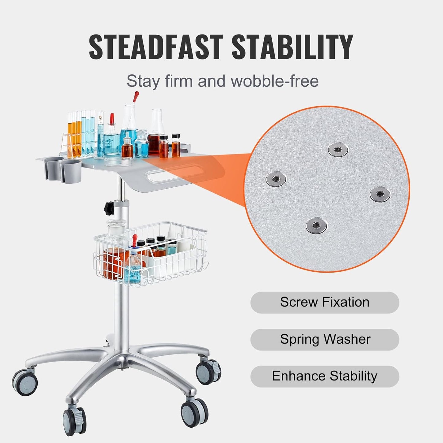 VEVOR Medical Trolley - Height Adjustable Stainless Steel Rolling Cart with Storage Basket | 19" x 17" Tabletop for Ultrasound, Dental, EKG, Lab
