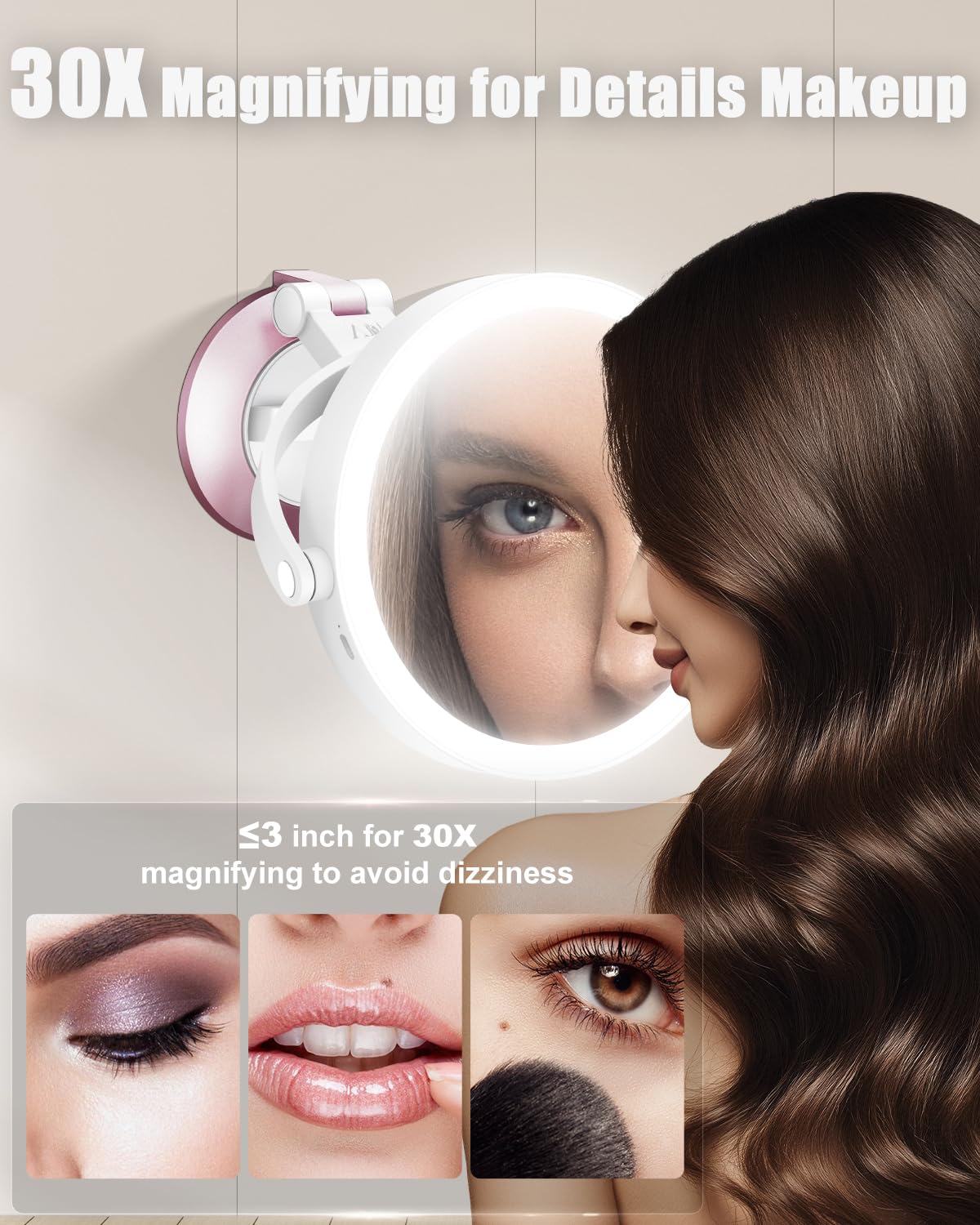 vpu 30X/1X Wall Mounted Magnifying Makeup Mirror with Power Suction Cup, Rechargeable Double Sided Regular HD/Magnification 3 Color Modes Adjustable Brightness Mirror with Lights for Bathroom, Travel