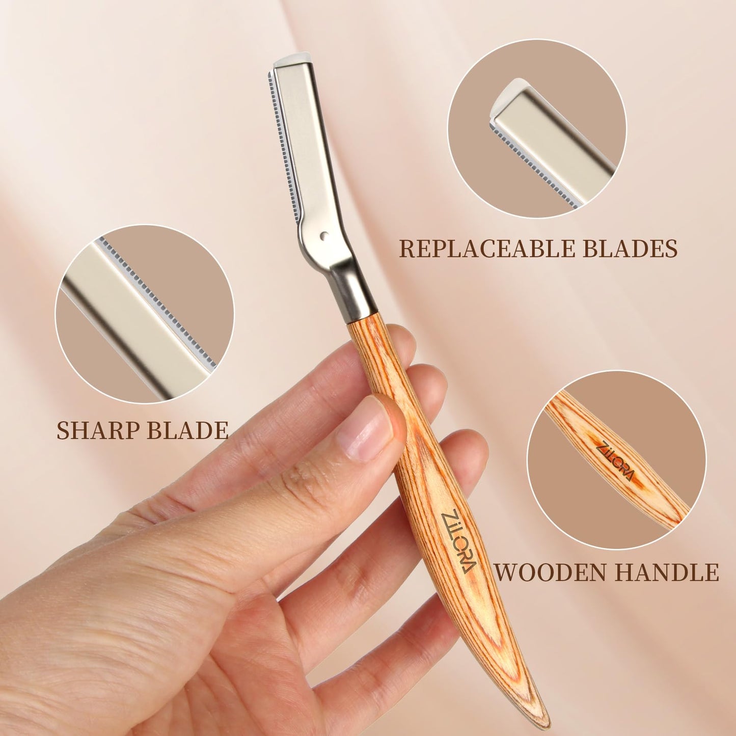 ZiLORA Wooden Eyebrow Razor - 8 Replacement Blades & Leather Pouch - Precision Eyebrow Trimmer & Dermaplaning Tool for Face Peach Fuzz, Lip Hair - Safety Mesh Guard