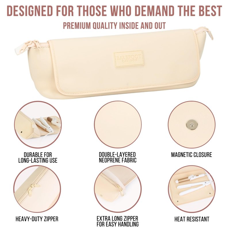 BAREFOOT CARIBOU Hair Tools Travel Bag and Heat Resistant Mat (15.5") for Flat Irons, Straighteners, Curling Iron, and Haircare Accessories, 2-in-1 design, Interior Pockets, Portable Organizer (Ivory)
