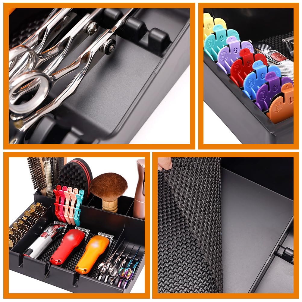FRCOLOR Clipper Organizer for Barber with Multi-Compartment Push-Cut Storage Box and Clipper Guard Holder Salon Station Haircut Tools Keeper 15X12X4 Inches
