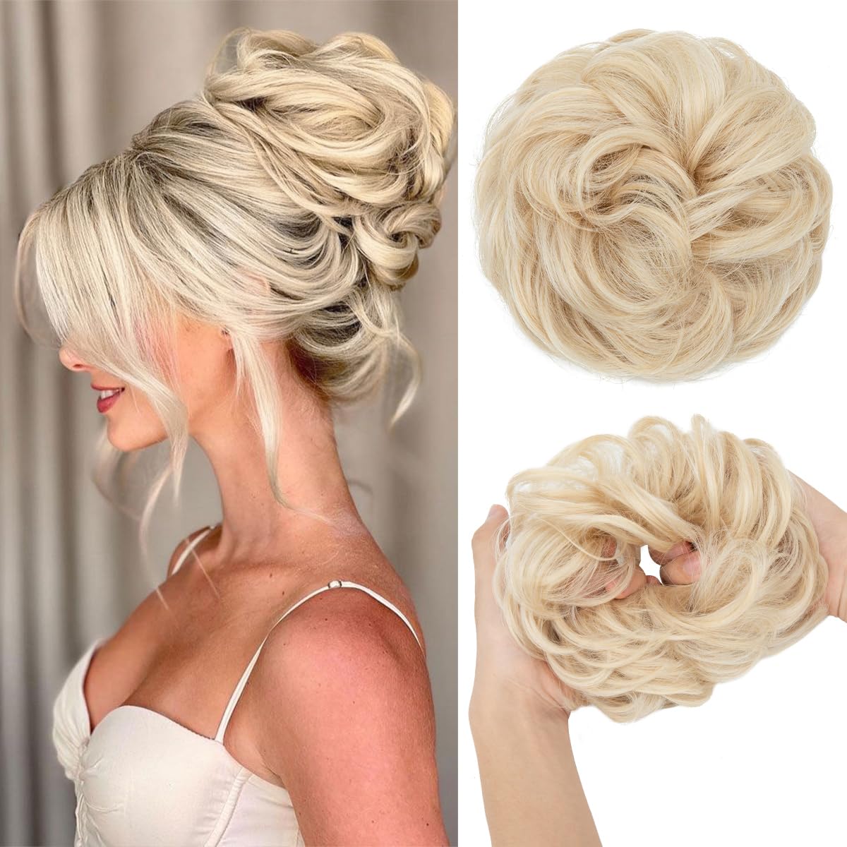 Large Messy Bun Hair Piece - Wavy Curly Synthetic Ponytail Extensions | Thick Updo in Pecan Blonde