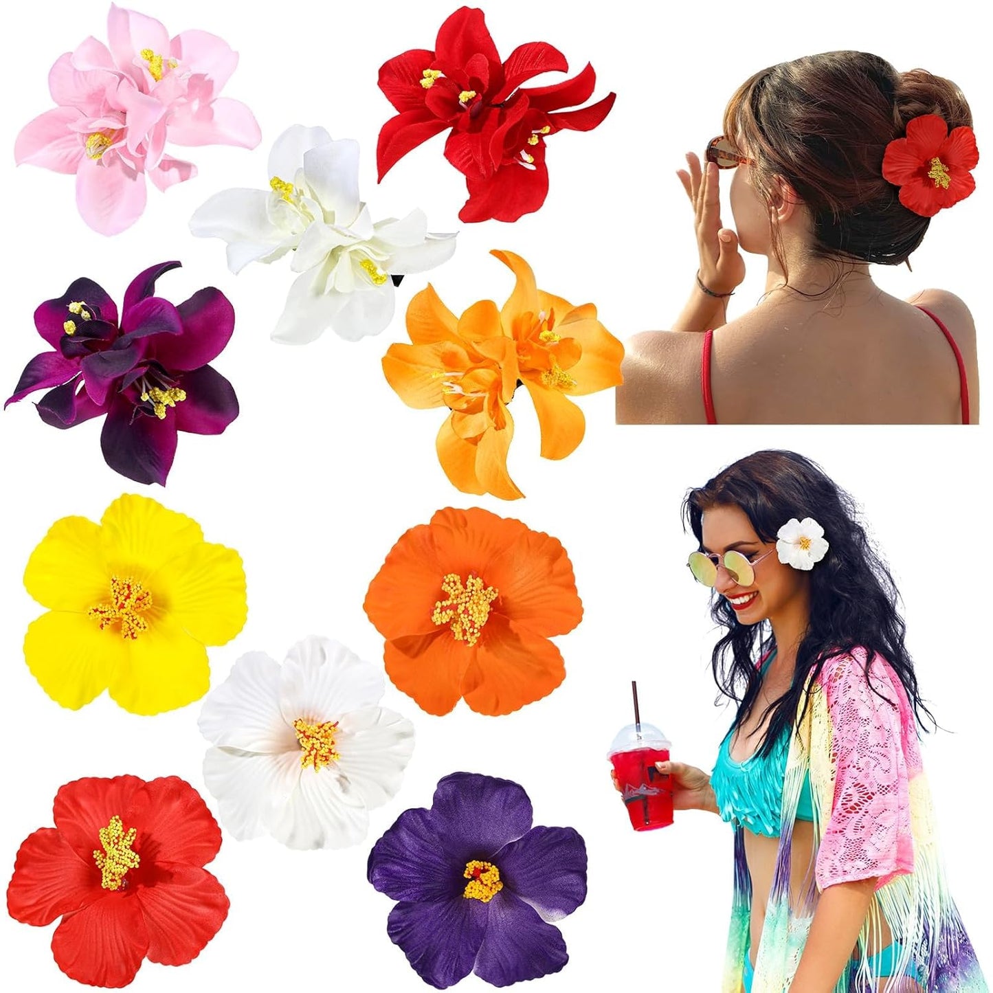 Hawaiian Flower Hair Clips - 10 Pcs Plumeria & Hibiscus Accessories | 3.5 Inch for Beach Parties