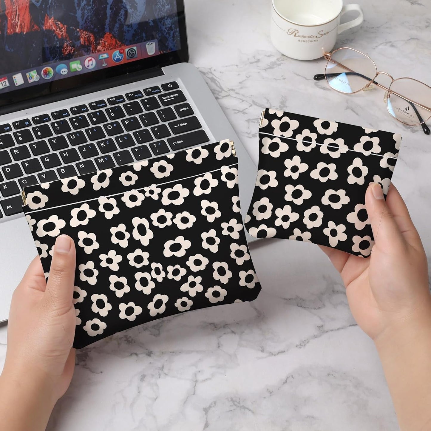 Makeup Bag Set - 2 PCS PU Leather Cosmetic Organizers | Portable Self-Closing Pouches for Travel - Black & Beige Floral