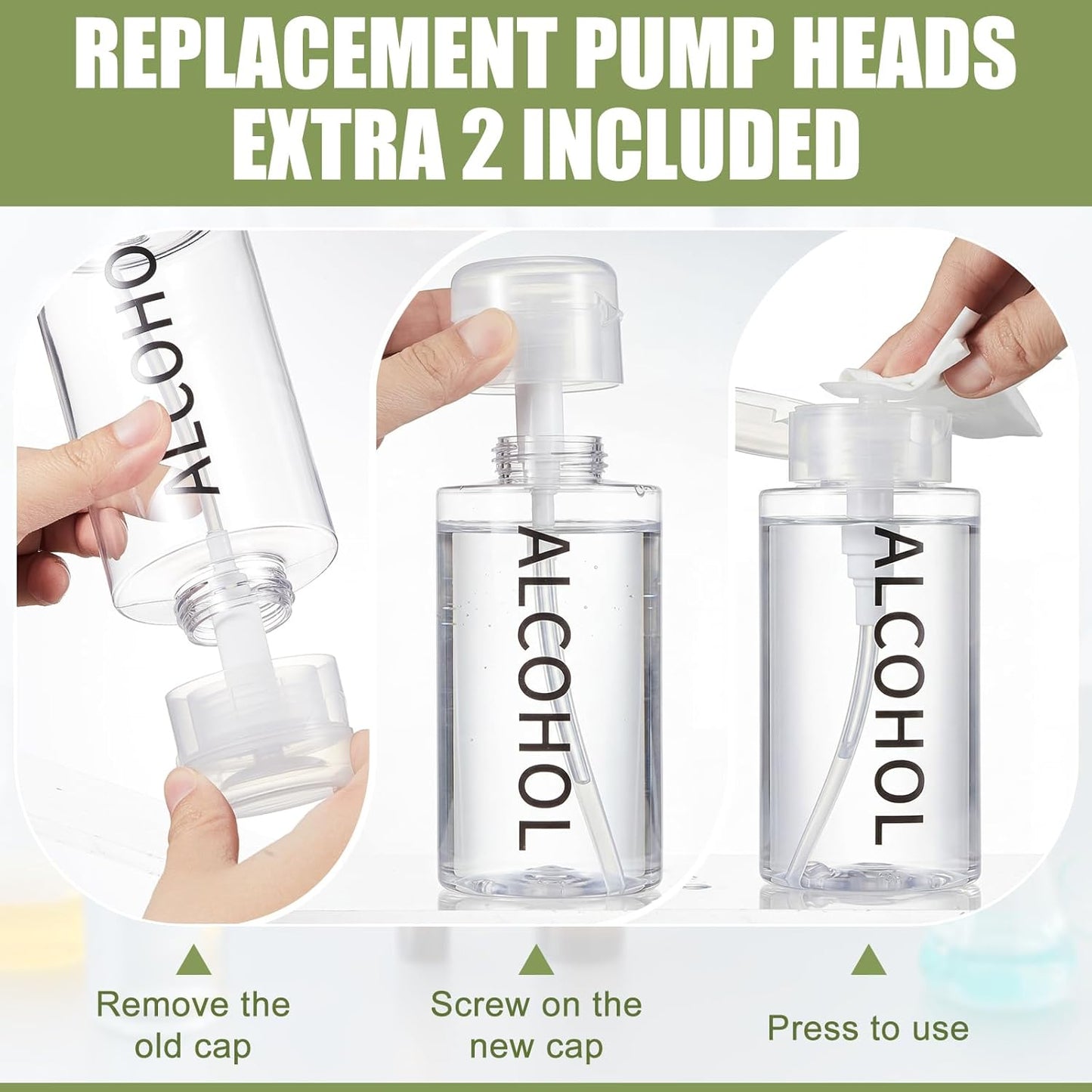 Alcohol Pump Dispenser Bottle - 10 oz Refillable Liquid Container | 2 Pcs with 4 Extra Pump Heads for Salon & Personal Use