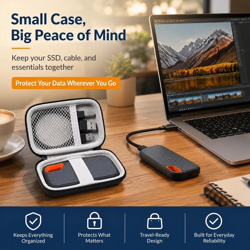 Hard Case Compatible with SanDisk 500GB/ 1TB/ 2TB/ 4TB Extreme Portable SSD - Up to 1050MB/s - USB-C, USB 3.2 Gen 2 - External for Solid State Drive. Carrying Travel Holder for USB Cables (Box Only)