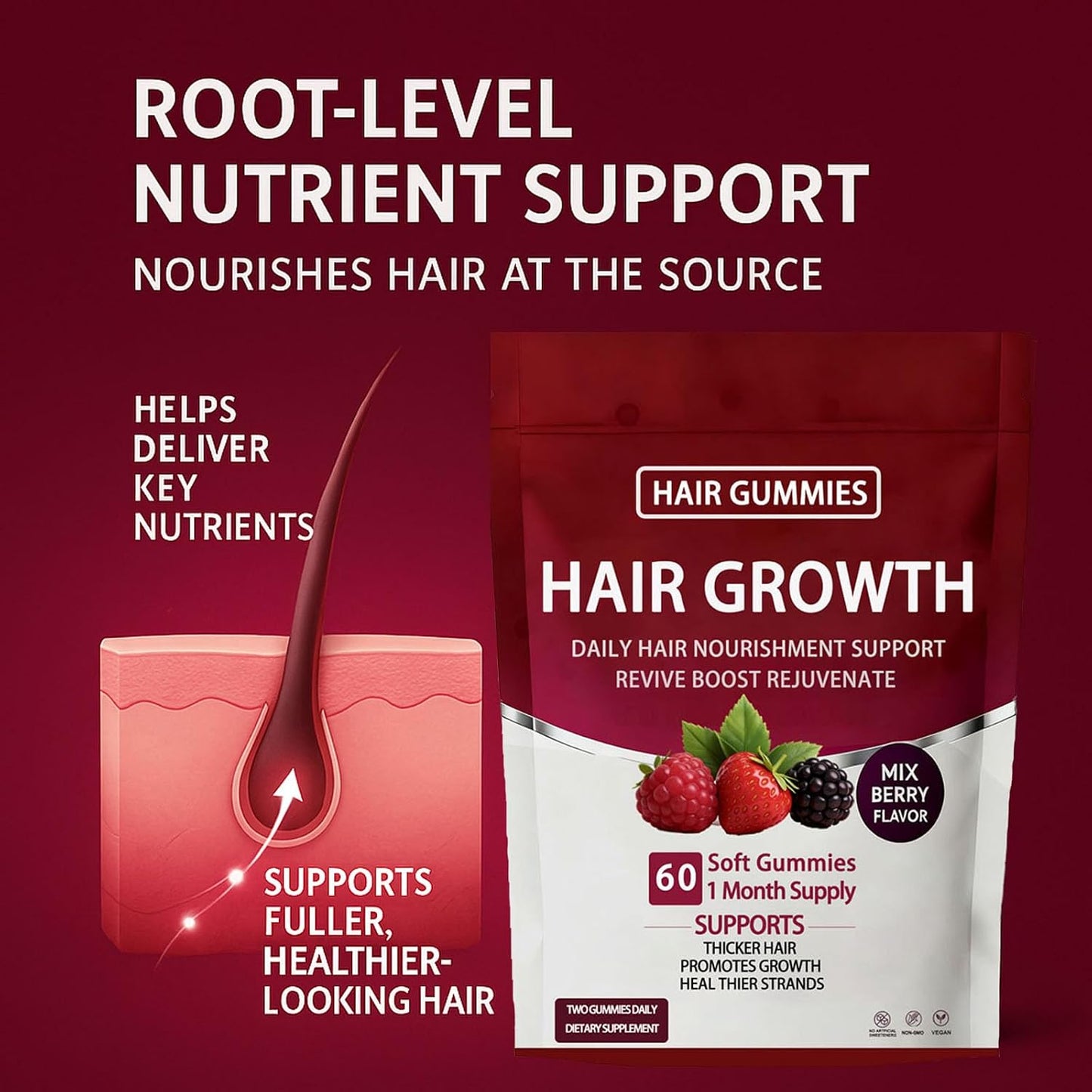Lumin Hair Growth Gummies - Biotin & Collagen for Thicker Hair | Mixed Berry, 60 Count