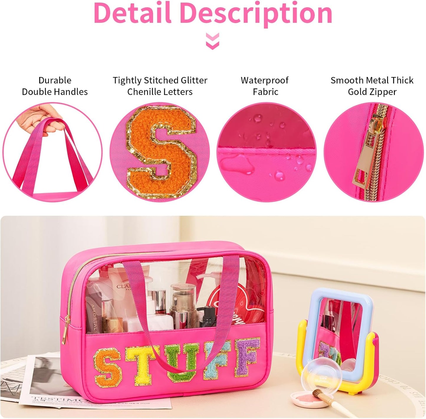Chenille Letter Patch Makeup Bag - Waterproof Clear Travel Toiletry Bag with Handle | Large PVC & Nylon Storage for Women