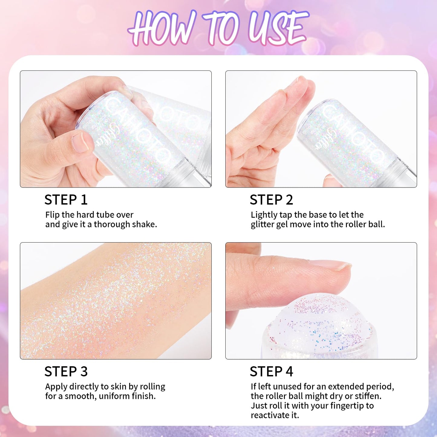 CAHOTO Dazzle Rolling Glitter for Face Body & Hair, Sparkling Holographic Shimmer, Roll-on Sequins for Singer Concert Rave Festival Halloween Party Carnival, 1.35fl.oz