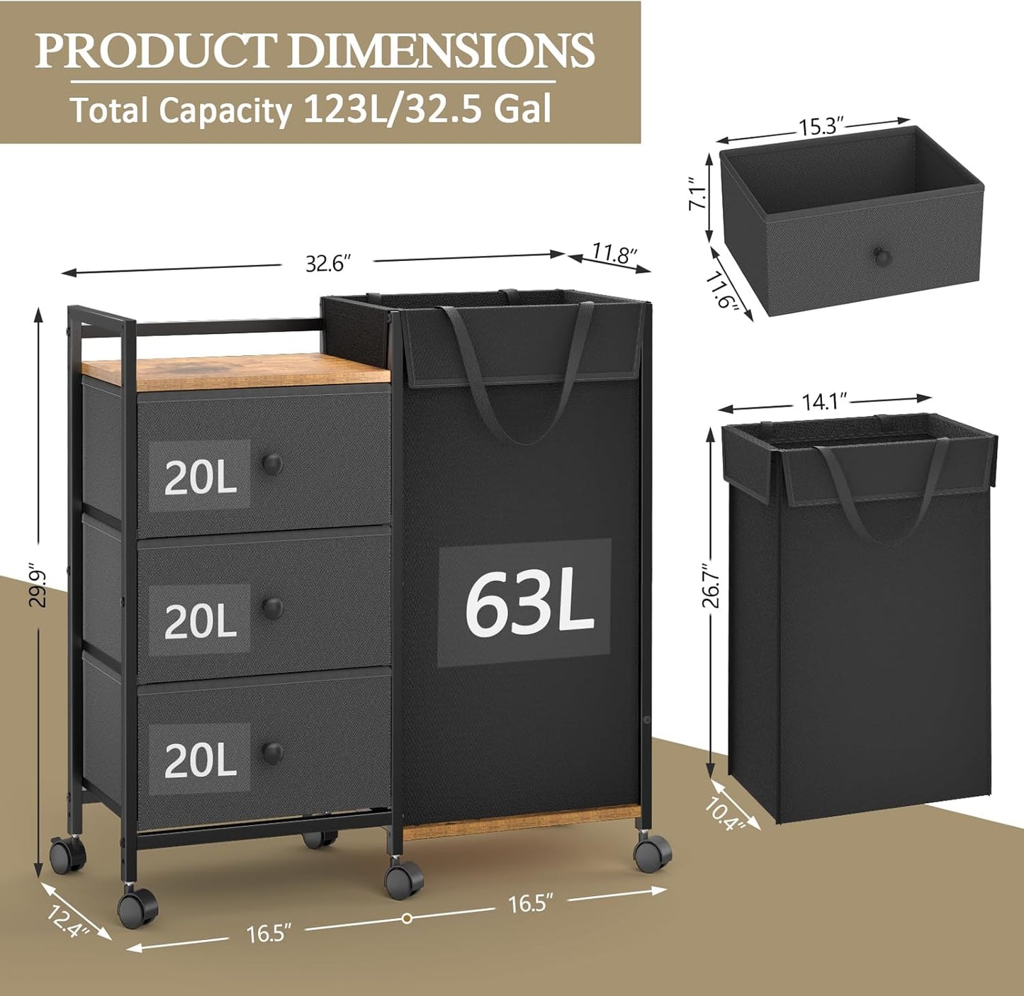Laundry Hamper with Wheels - 123L Capacity Laundry Sorter with Shelf & 3 Drawers | Detachable Fabric Bags for Bedroom & Bathroom