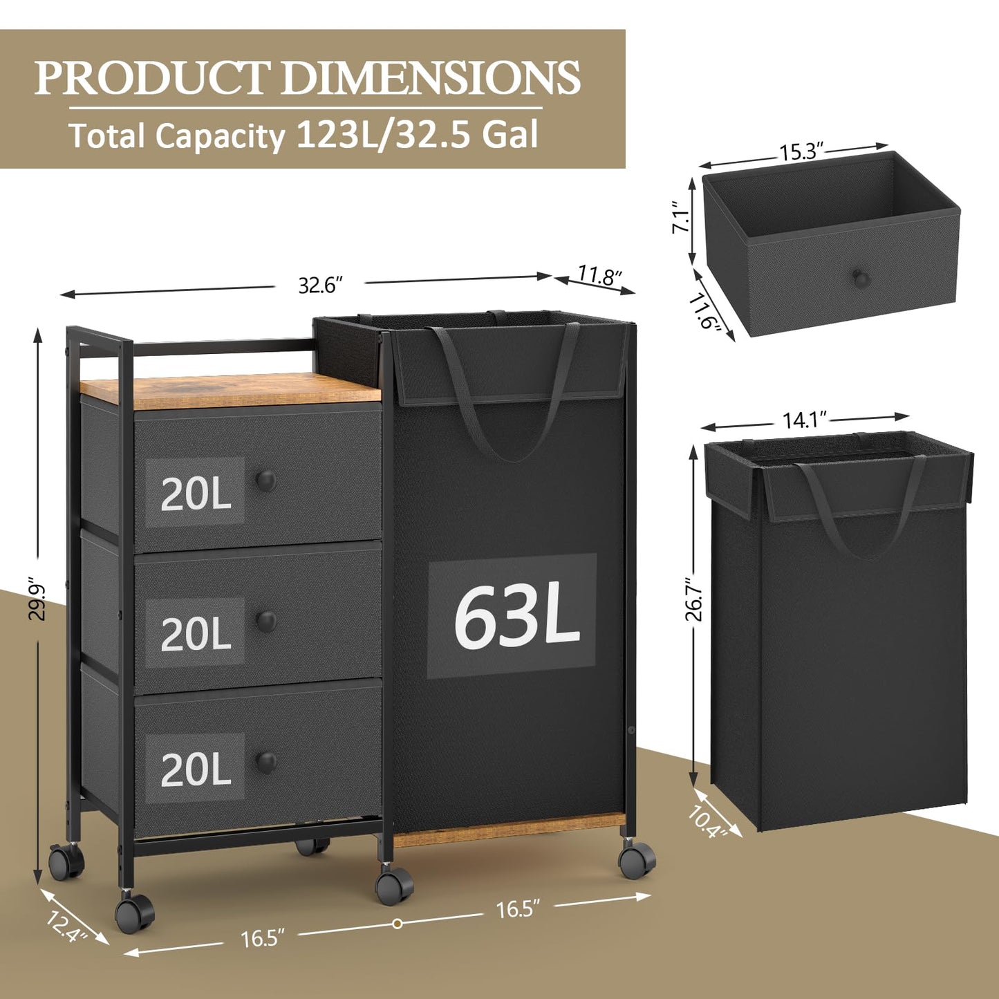 Laundry Hamper with Wheels, Laundry Sorter with Shelf and 3 Drawers, Total Capacity 123L/32.5 Gal (3 Drawers+Bags), Laundry Cabinet with Fabric Detachable Bags, Clothes Hampers for Bedroom Bathroom
