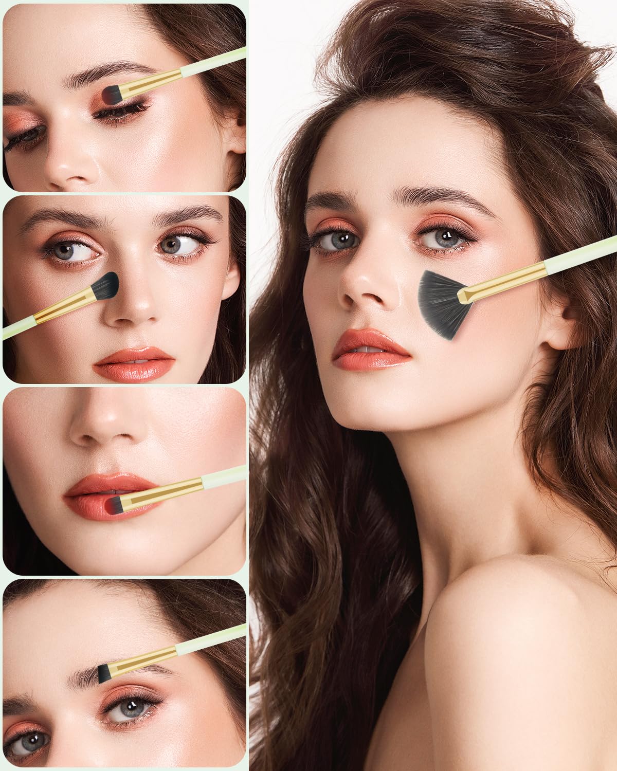 Eye Makeup Brush Set, 8 Pcs Update Synthetic Eyeshadow Brush Angled Eyebrow Brush Lip Brush with 3Pcs Powder Puffs and Green Case