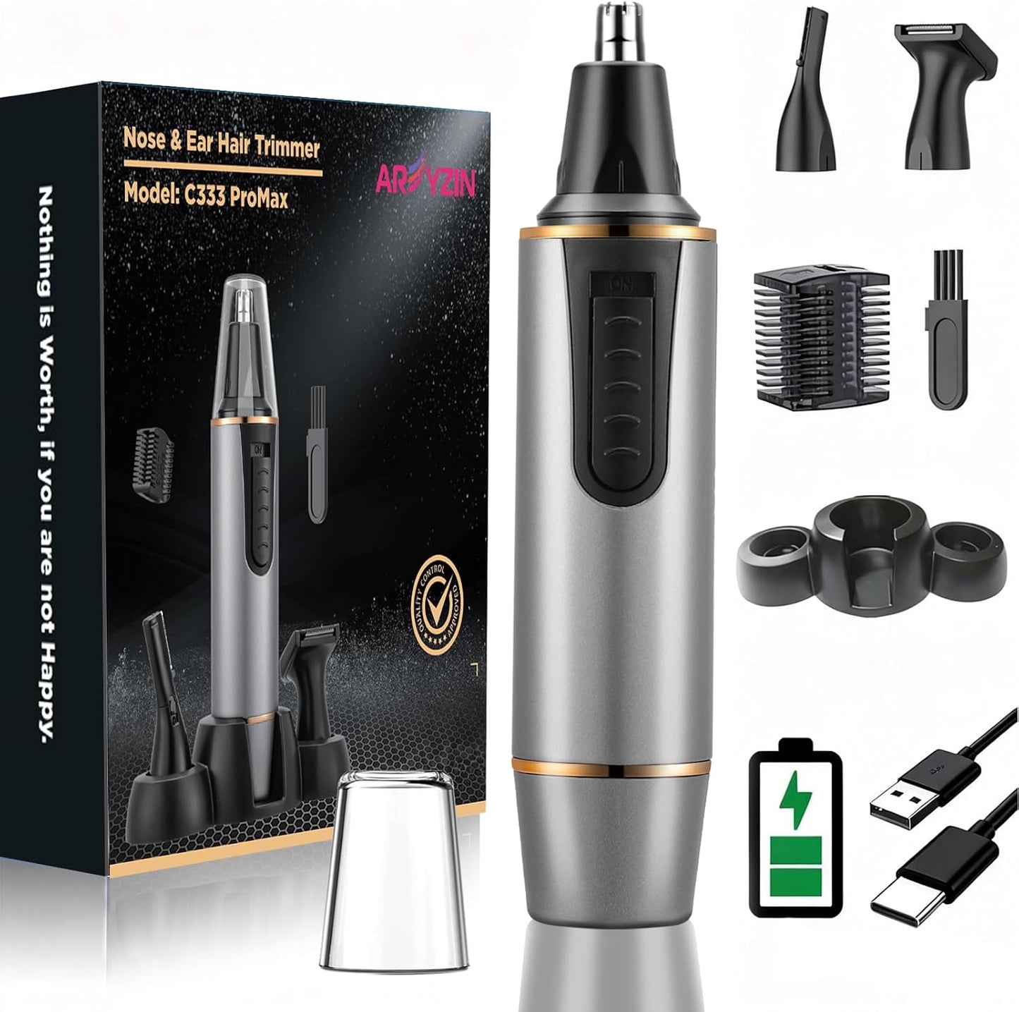 AREYZIN Nose Hair Trimmer for Men - 3-in-1 Painless Rechargeable Grooming Kit | IPX7 Waterproof, Dual Edge Blades