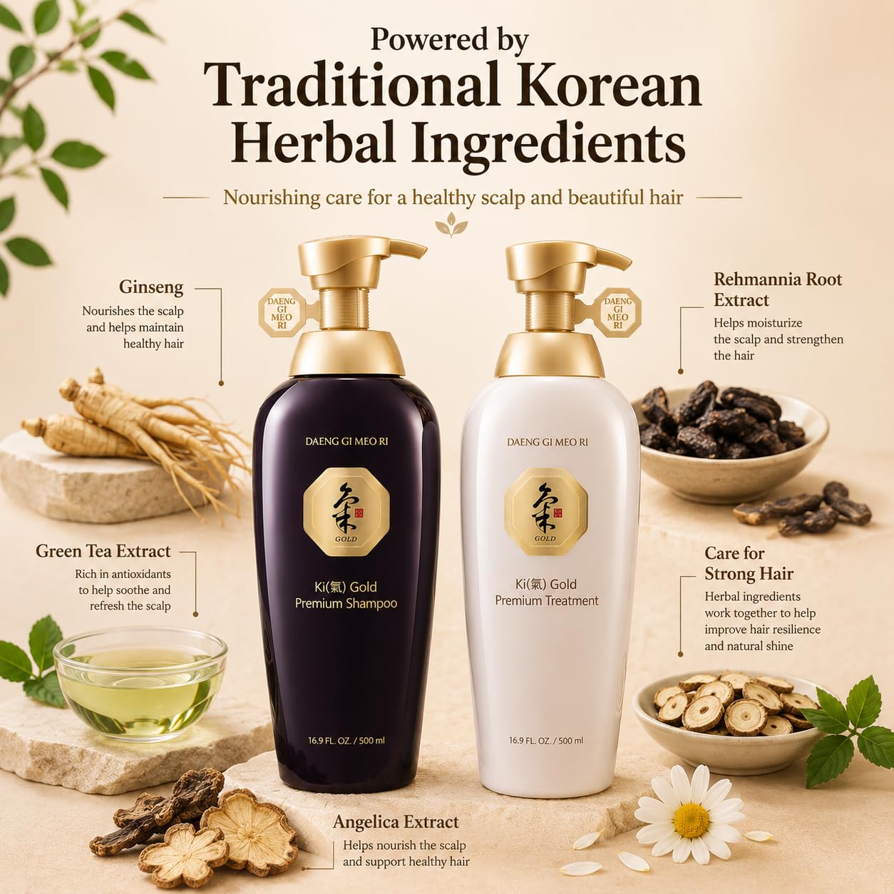 Daeng Gi Meo Ri- Ki Gold Premium Shampoo + Treatment Set, Promoting Hair Growth, Effectively Moisture to Dry and Rough Hair, No Artificial Color, 500ml