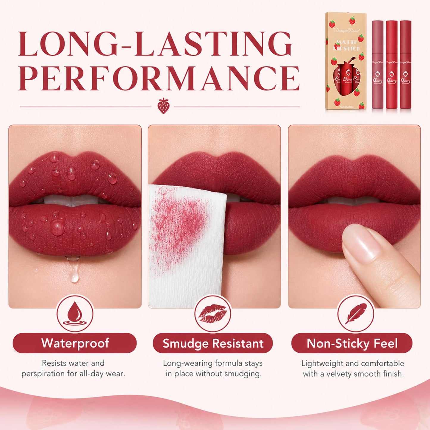Sulily 3Pcs Dark Red Matte Lipstick Set,Red Matte Lipstick Long Lasting for Women,Velvet Air Moisture Smooth Crayon Lip Stain,24 Hours Wear Non-Stick Cup Not Fade Waterproof Lip Gloss Makeup