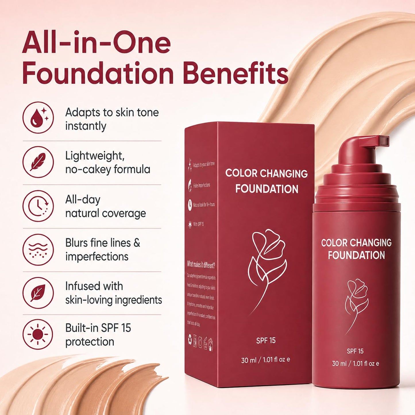 Korean Color Changing Foundation - Moisturizing Formula for Mature Skin | Conceals Fine Lines & Wrinkles